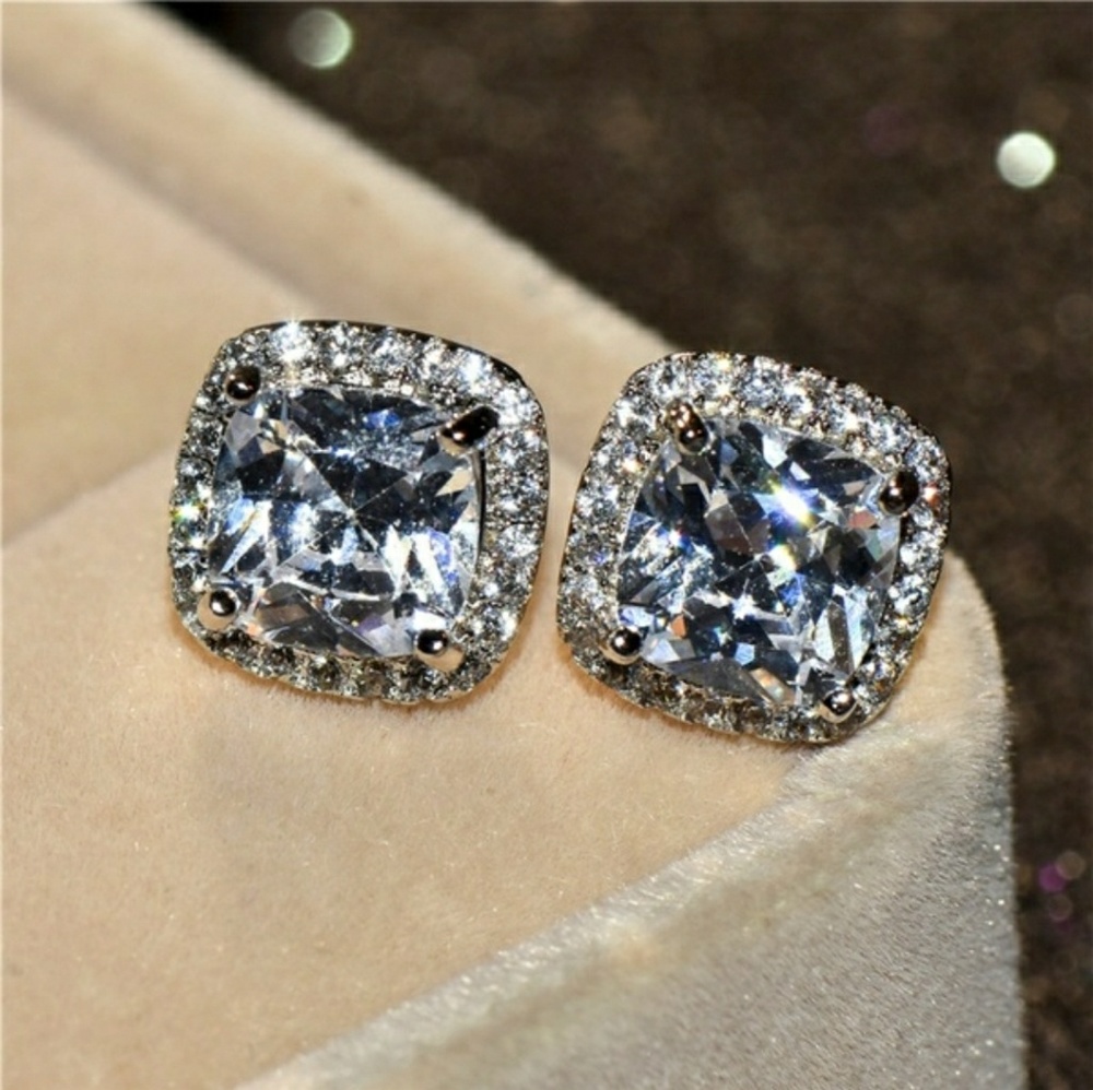 Cushion Diamond Halo Earring Studs Earrings - Picture 2 of 5